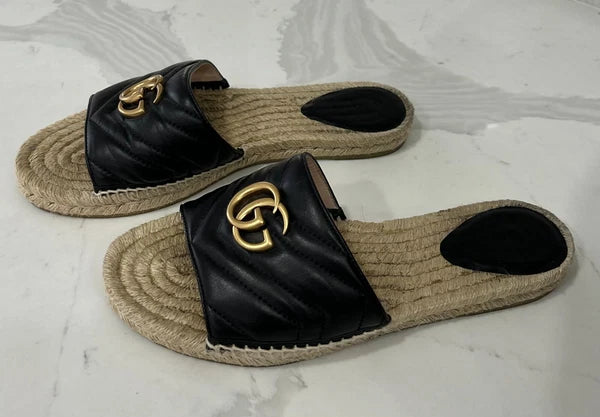 🖤 GUCCI Black Nappa Matelasse Gold GG Marmont Espadrille Slide Sandals 10 US 41