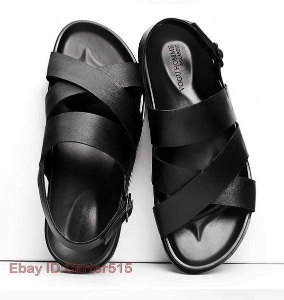 Open Toe Sandals Slingbacks Buckle Real Leather Men's Beach Shoes Roman Style 43
