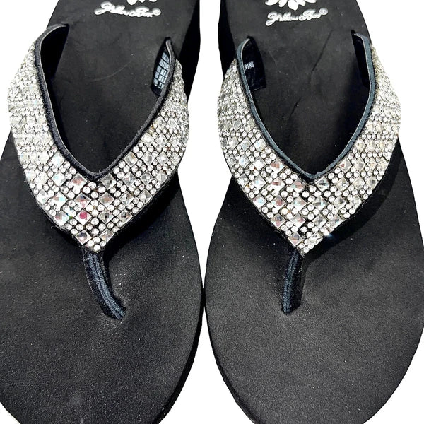 Yellow Box Flip Flops Womens 6.5 Black Clear Rhinestone Wedge Sandals Scalia