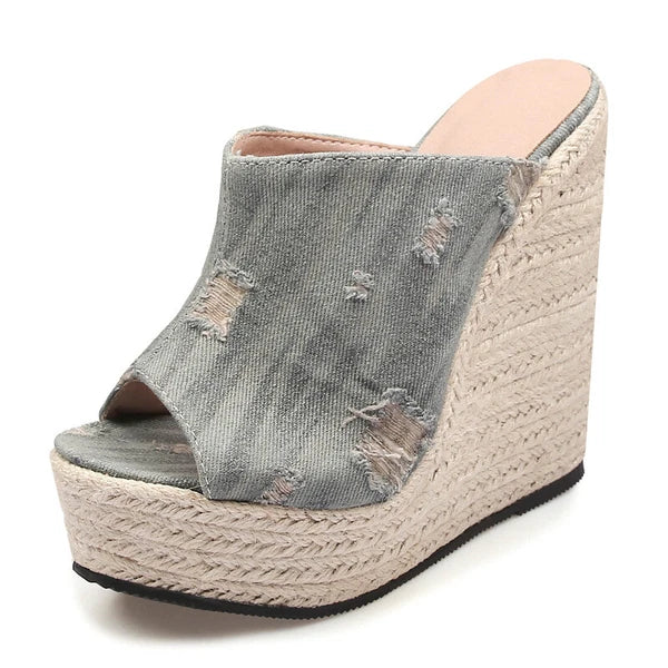 Women's Hemp Rope Weaving High Wedge Heel Slip On Slippers Denim Jeans Hole Mule