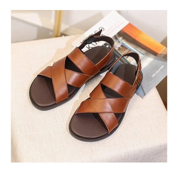 Mens Slingback Sandals Open Toe Real Leather Cowhide Strap Flats Summer Shoes sz
