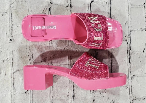 True Religion Bling Silver Pink Stoned Sandals Block Heels WOMENS SIZE 11
