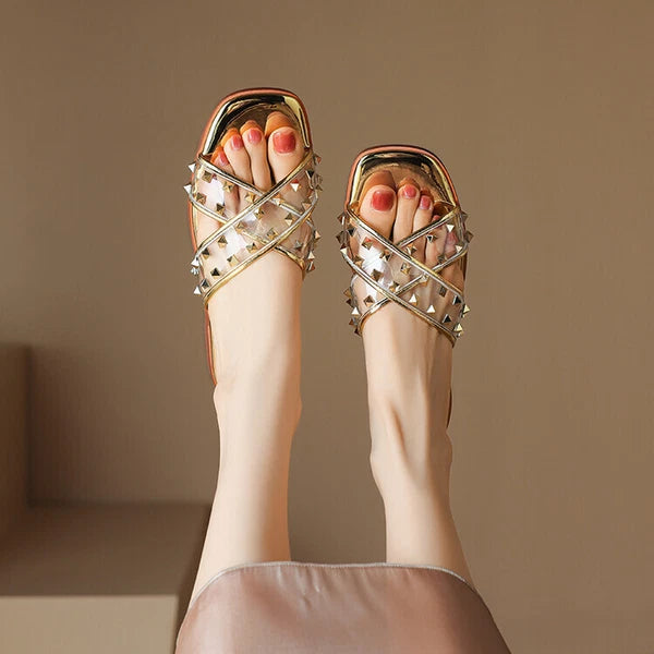 Womens Fashion Transparent Studs Crossover Beach Slipper Sandal Shoes Mules b95