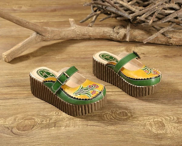 Wedge Slides Shoes Women Buckle Flower Cut Out Summer Leather Platform Slippers